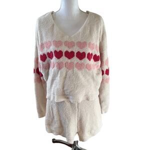 Sincerely Jules Fuzzy Soft Heart Print Shorts & Sweater Lounge Set L